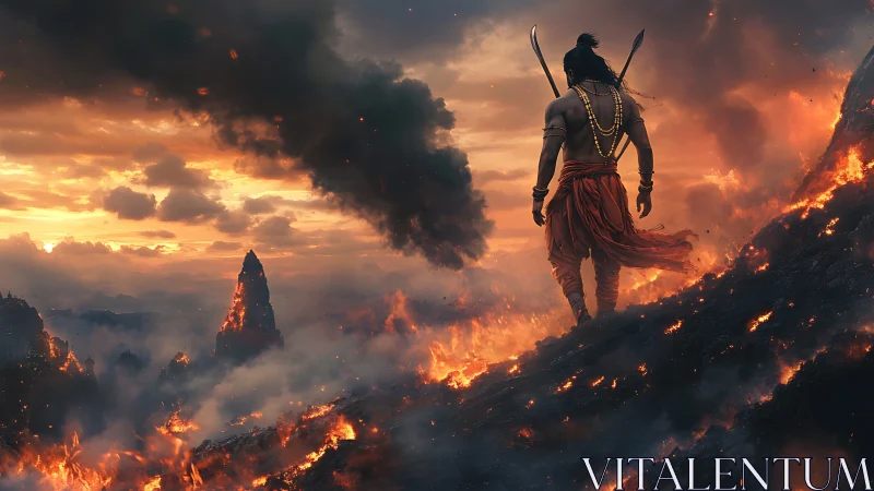 Warrior at dusk striding through rivers of flame and smoke.