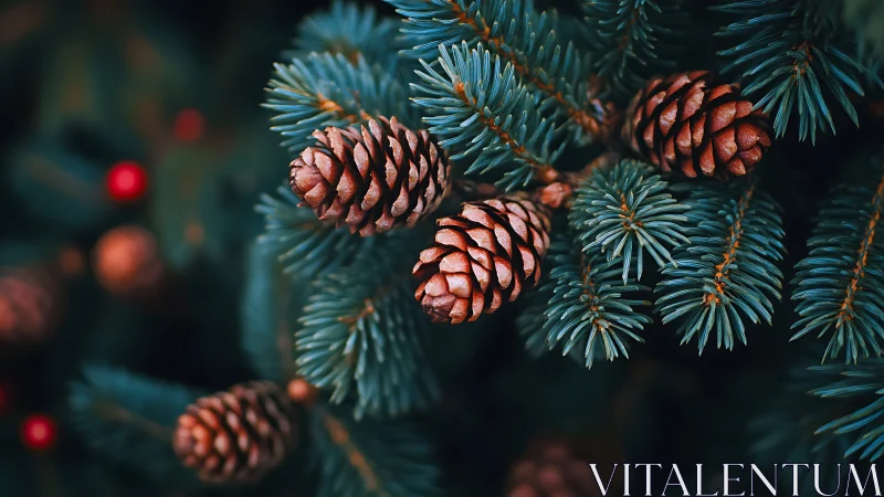 Pine cones on blue spruce branches under soft winter light.