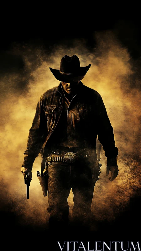 Lone gunslinger emerging through cinematic desert smoke.