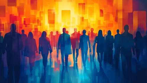 Backlit human silhouettes in chromatic urban data field.