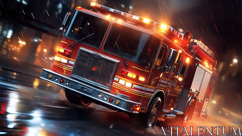 Crimson Fire Truck Racing Through Monsoon Drama.