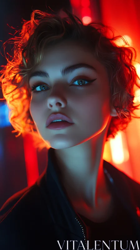 Neon-lit rebel gaze in electric blue and ember red glow.