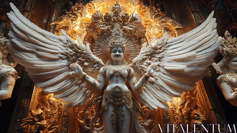 Winged goddess statue with ornate golden temple backdrop.