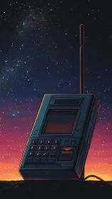 Retro portable terminal against vivid sunset night sky.