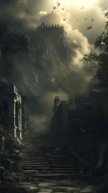 Ancient mountain fortress looms above misty ruined path.