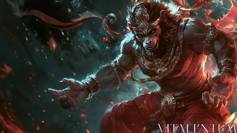 Mythic simian warrior rendered in dynamic chiaroscuro lighting motion