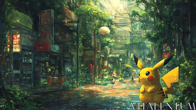 Pikachu in lush post-rain urban alley with overgrown signage