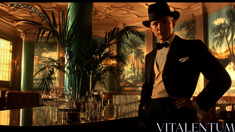 Elegant gentleman in black tie within art deco cocktail lounge