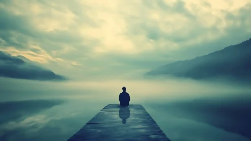 Solitary figure on pier overlooking mist-covered lake.
