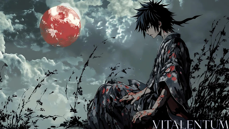 Solitary anime warrior studies blood-red planetary moon under storm