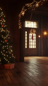 Rustic cabin entry with glowing Christmas tree lights.