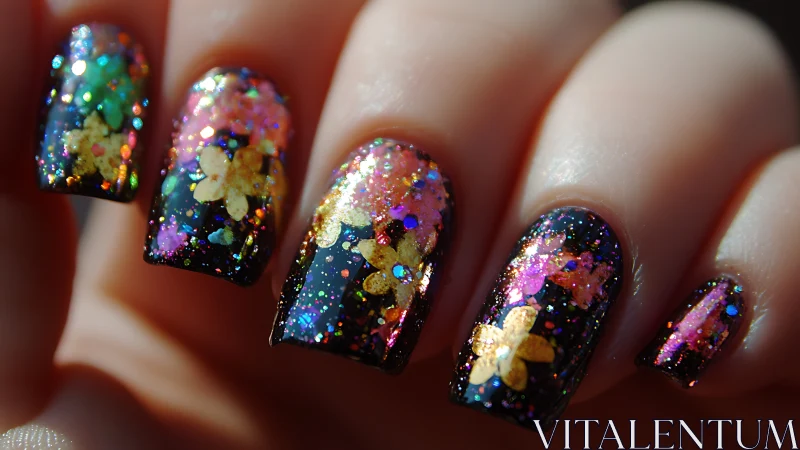 Glittering floral nail art shimmers over glossy black lacquer