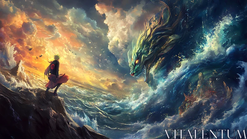 Storm-lit warrior greets the roaring celestial sea dragon