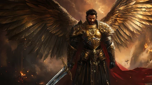 Golden winged knight descends into burning battlefield