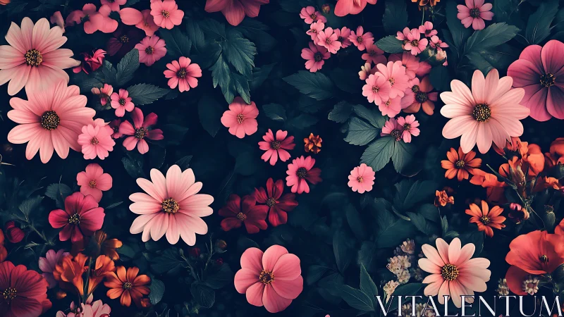 Pink and Orange Flowers on Dark Background.
