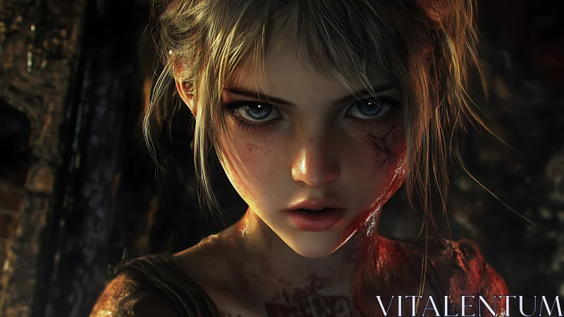 Digital painting portrait of wounded girl in chiaroscuro focus.