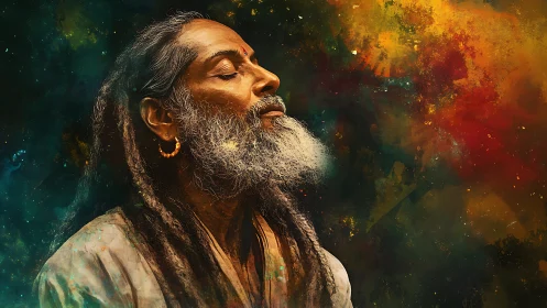 Meditating elder dissolves into cosmic swirling nebula light