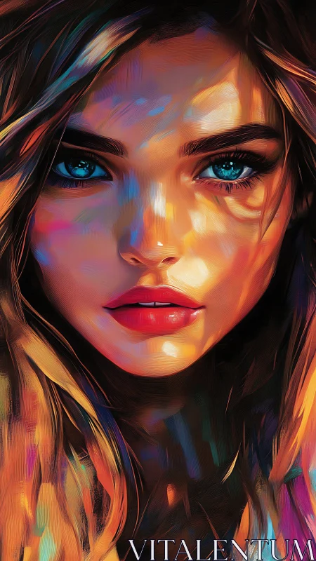 Vivid digital portrait of woman with intense blue eyes.