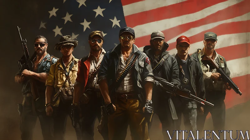 Heavily armed militia squad before large US flag backdrop.