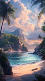 Tropical Cove with Towering Rock Formation at Sunset.