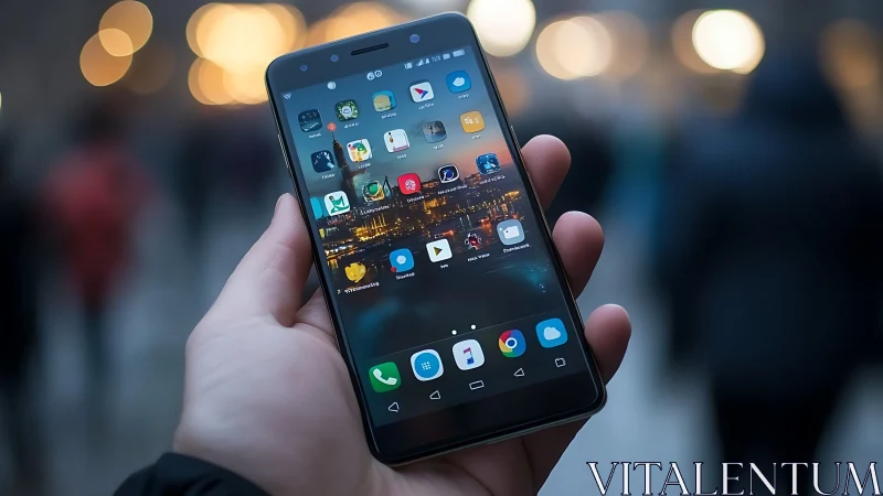 Hand Holding Dark Android Smartphone with App Icons and City Background.
