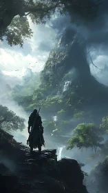 Lone cloaked wanderer surveys misty waterfalls and peak.