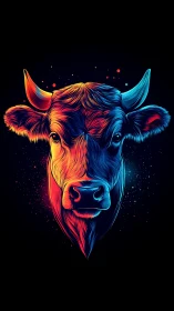 Colorful neon cow portrait glowing against a starry night.