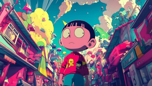 Wide-angle anime street scene studies saturated neon architecture