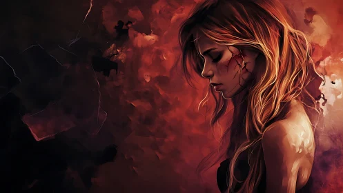 Chromatic portrait of wounded woman in ember-saturated field.