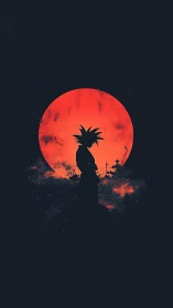Lone warrior silhouette under a blazing red moonlit sky.