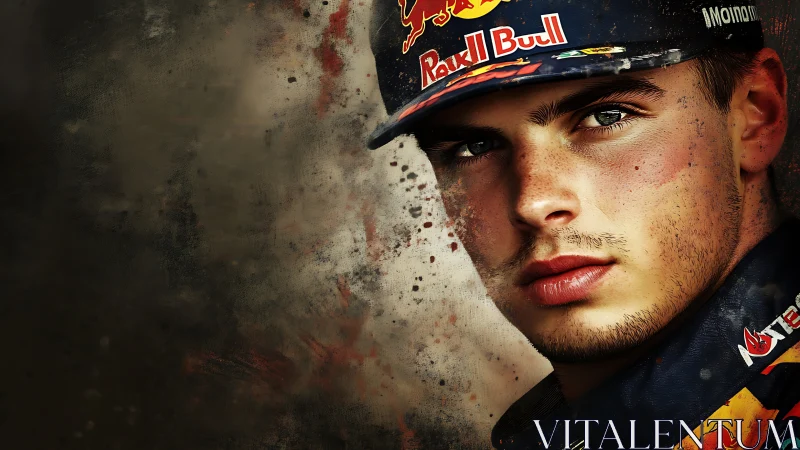 Close portrait of racing driver in branded team uniform.