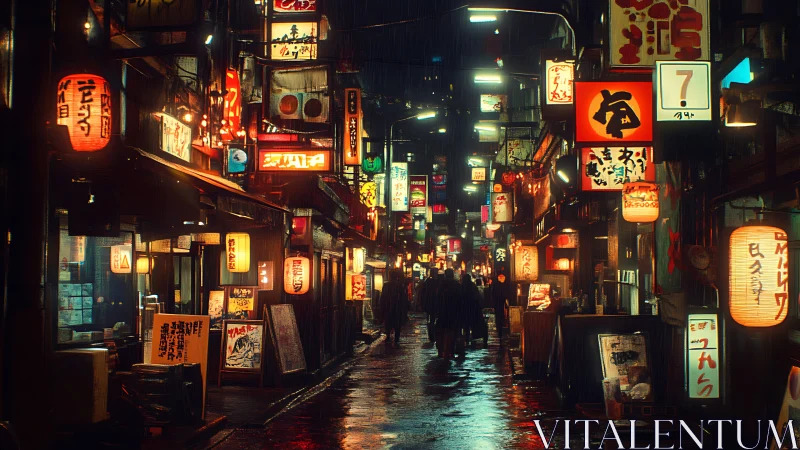 Neon-soaked alleyway wanderings on a rainy city night.