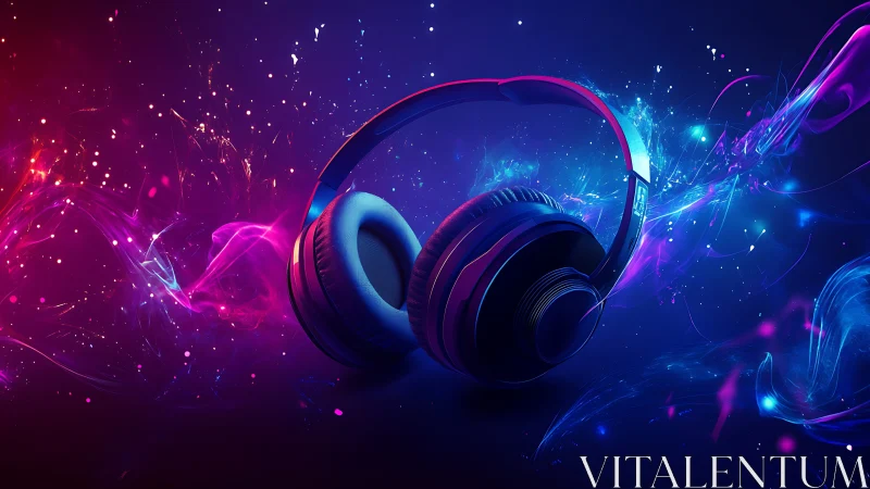 Neon studio headphones encircled by swirling sound energy.
