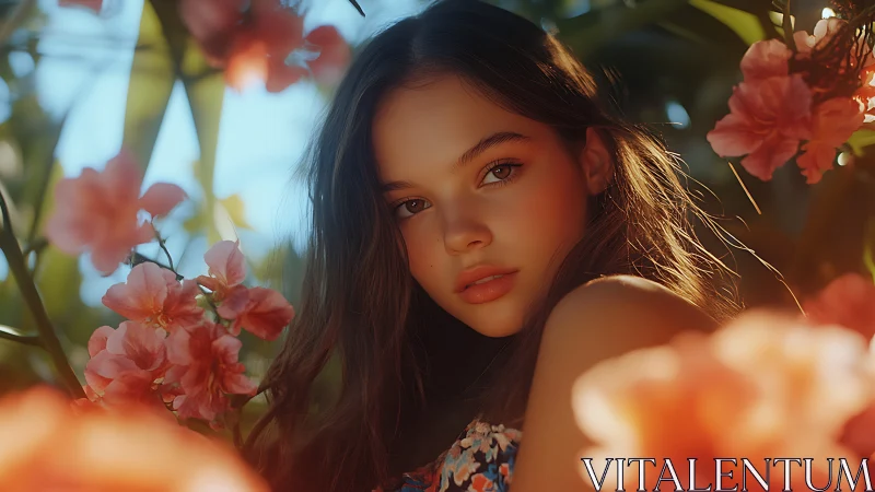 Sunlit portrait amid coral blossoms in lush garden.