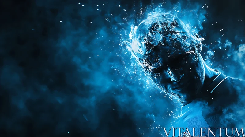 Shattered blue energy figure dissolves into electric mist