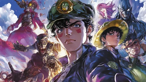 Intense anime heroes stand against monstrous enemies skyward