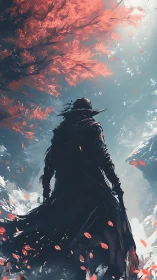 Solitary cloaked wanderer beneath vivid red canopy.