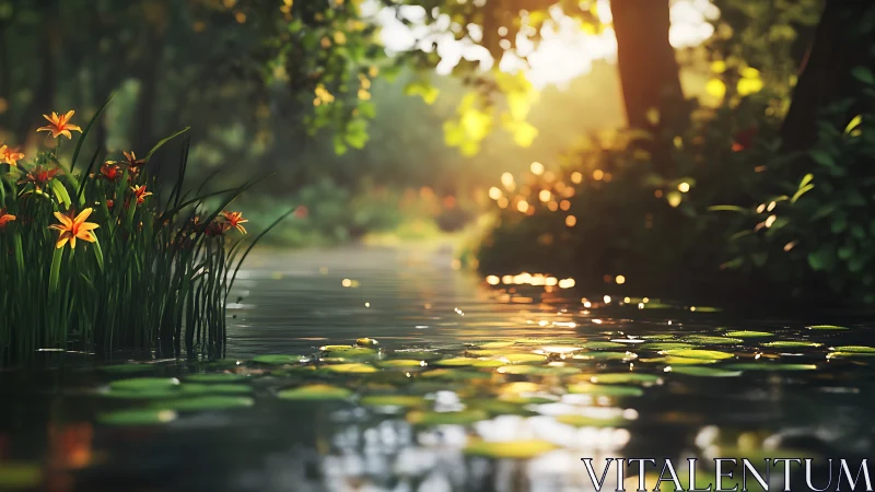 Backlit lilies and rippling pond rendered in warm photoreal light