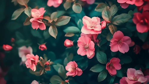 Pink garden blooms against deep teal backdrop.