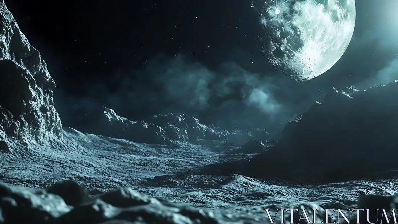 Lunar terminator landscape with high contrast cratered foreground