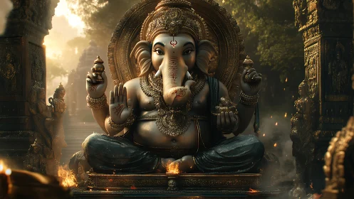 Ganesha idol seated in ornate temple hall at dusk.