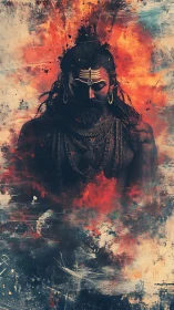 Fiery mystic stands in swirling clouds of cosmic silence