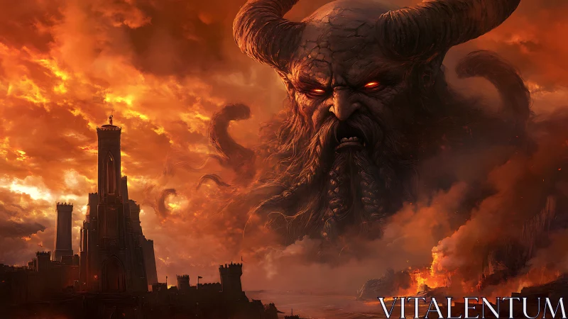 Colossal horned entity above burning fortress landscape.