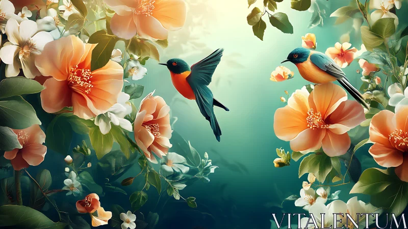 Vibrant songbirds amid lush orange blossoms in dreamy digital art.