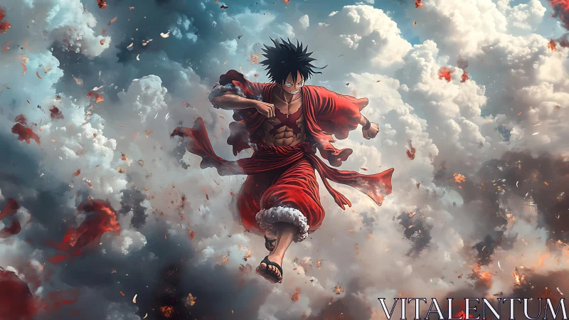 Dynamic anime warrior in midair against turbulent cloudscape.