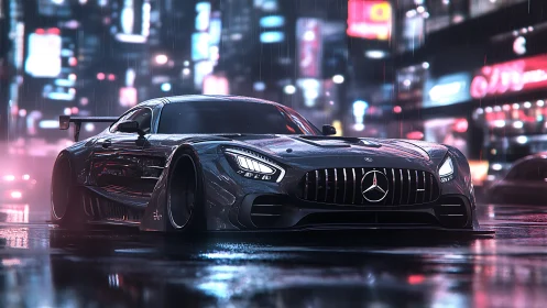 Low-slung AMG supercar idles in neon-soaked cyberpunk rainscape