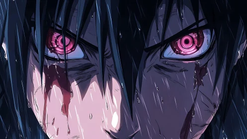 Intense anime close-up with glowing cybernetic eyes in rain.