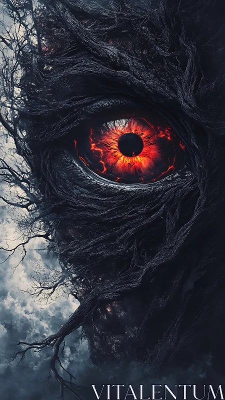 Central red eye structure embedded in dense black roots