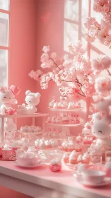 Pastel bunny dessert table in dreamy pink afternoon light.
