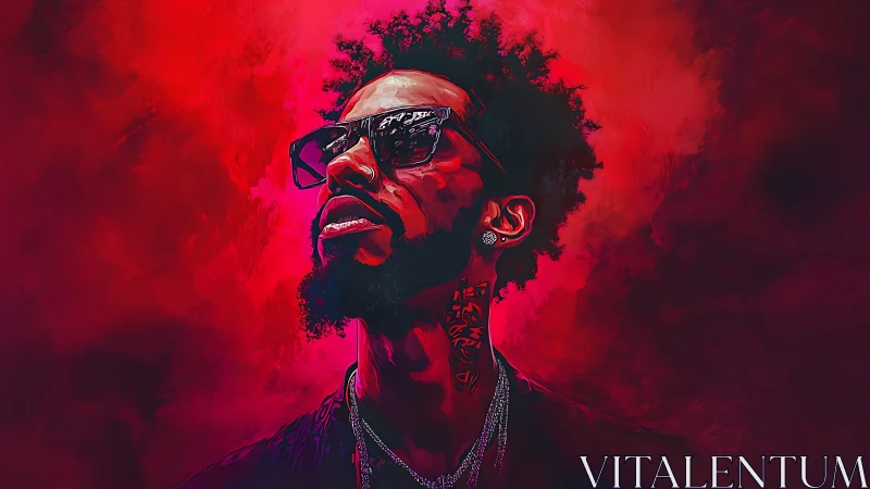 Neon red digital portrait of stylized man with sunglasses and tattoos